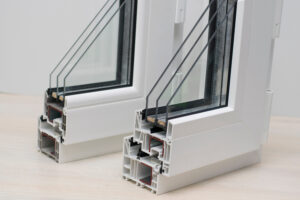 Close up of a sample of triple pane windows in a section, window profiles Energy saving technologies, energy efficient windows