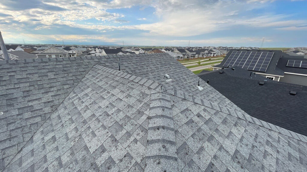 overhead view of a roof with hail damage