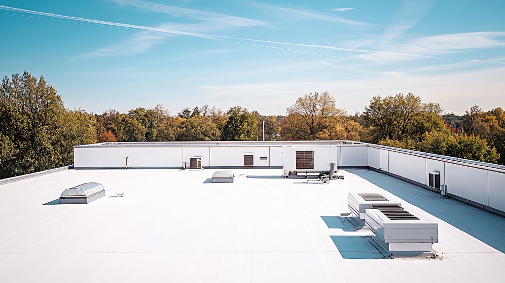 overhead view of a commercial roof top with energy efficient roofing installed
